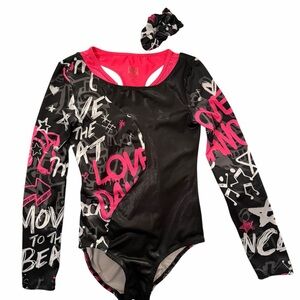 Dance Long Sleeve Leotard music Black Hot Pink shimmer sz 8 gymnastics scrunchie